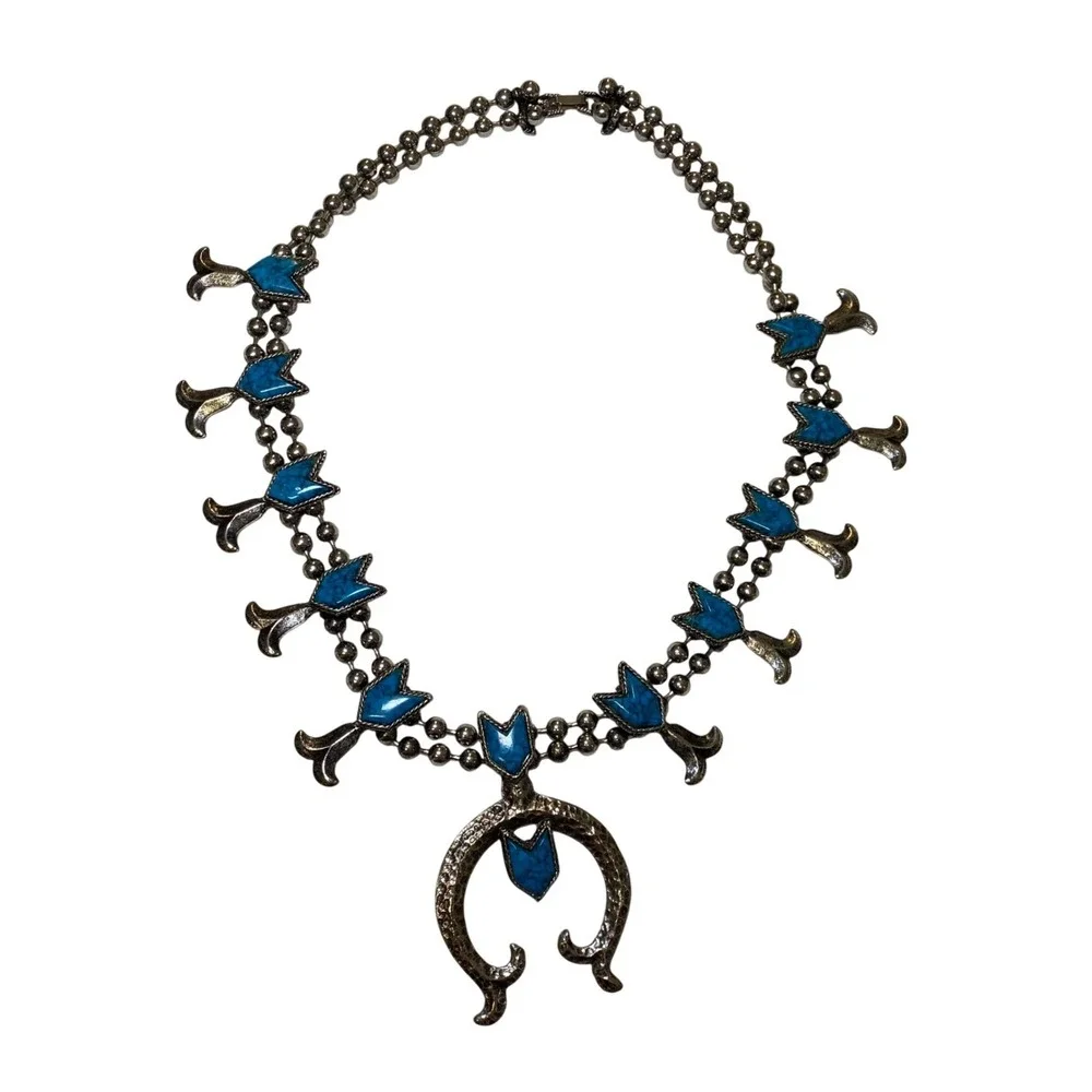 Vintage Southwestern Squash Blossom Style Necklace Turquoise Look Silver Tone‎